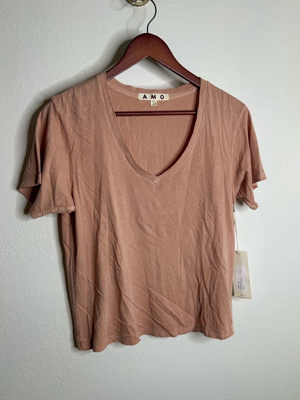 NWT AMO Cotton V - Neck T - Shirt Top Light Pink 'Clay' Color Size Small